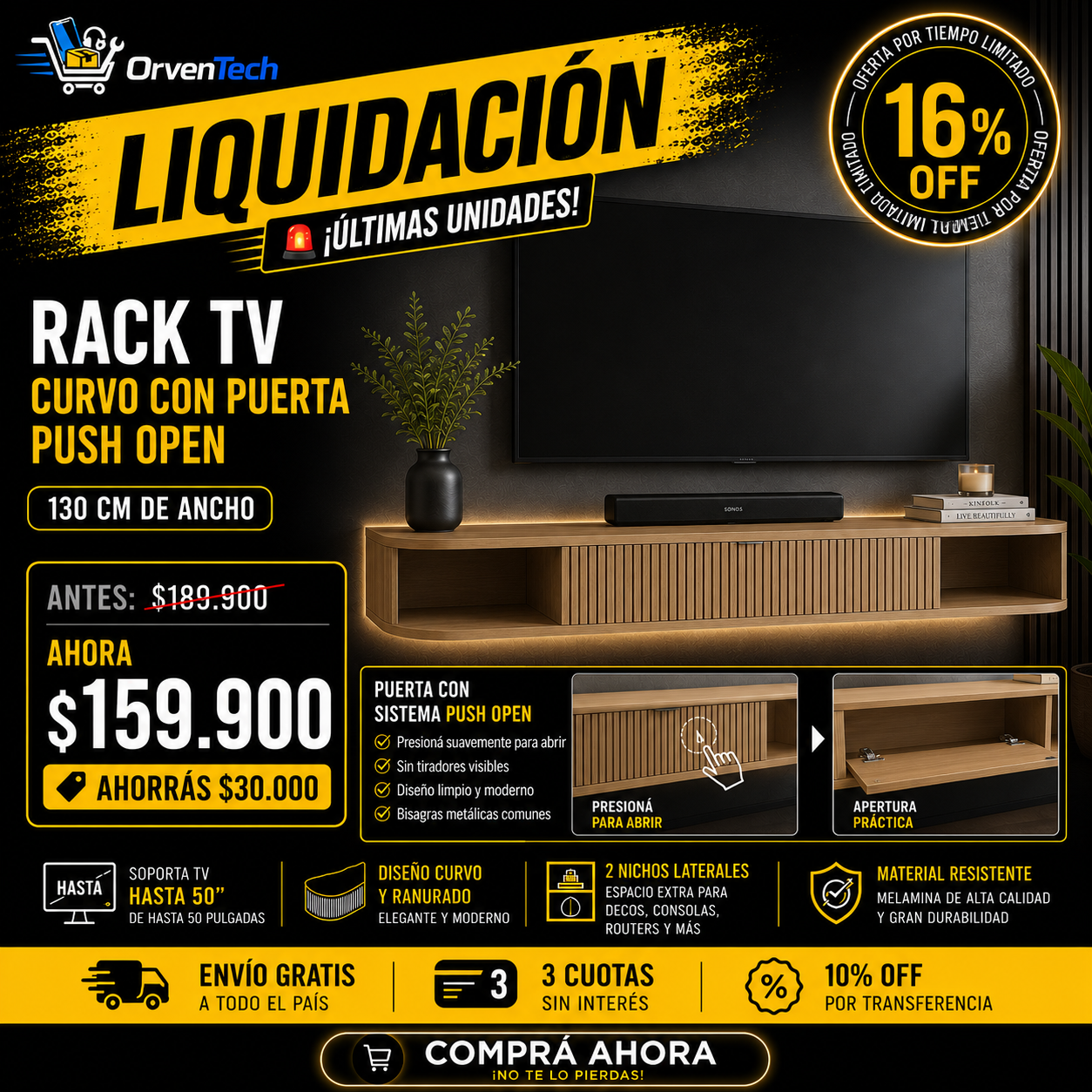 Rack TV Flotante Premium Push 130cm Camelia